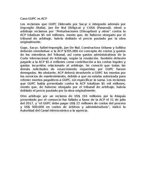 Resumen del Caso GUPC vs ACP: Reclamos y Decisiones Arbitrales - Studocu