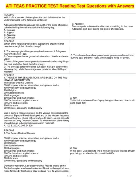 ATI TEAS PRACTICE TEST Reading Test Questions with Answers - ATI TEAS ...