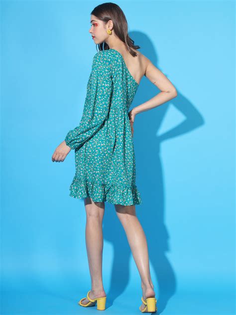 Women's Midi Dress Dark Green Floral Print Crepe Midi with one Shoulde ...