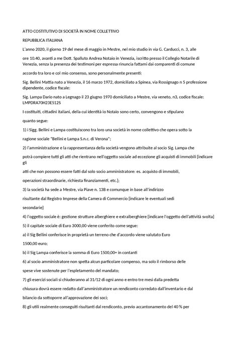 ATTO COSTITUTIVO SOCIETà NOME COLLETTIVO SNC - Docsity
