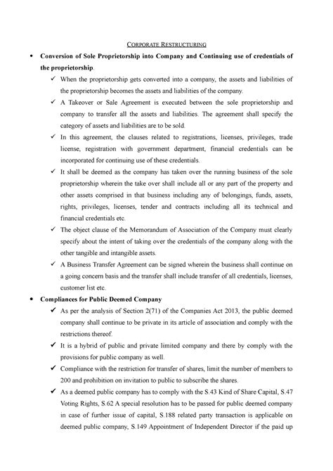 Corporate Restructuring - C ORPORATE RESTRUCTURING Conversion of Sole Proprietorship into ... - conversion of sole proprietorship into company