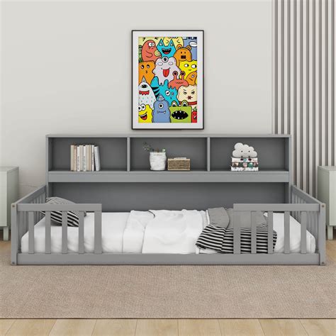 Ebern Designs Full Floor Bed With Side Bookcase,Shelves | Wayfair