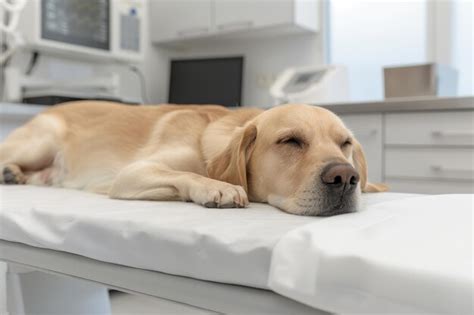 A dog is laying on a table in a hospital room | Premium AI-generated image