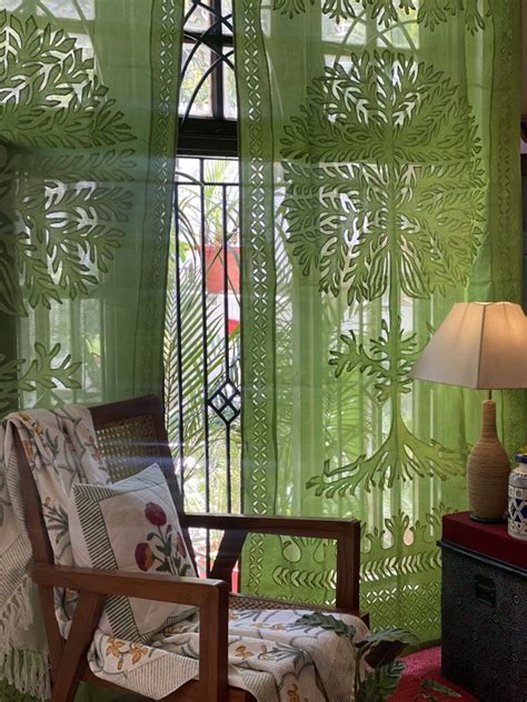 LIME-GREEN ORGANDY APPLIQUE Curtain-7ft