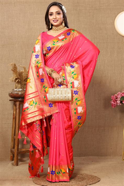 Smashing Pink Paithani Silk Saree With Beguiling Blouse Piece – Kankaari