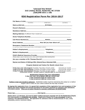 Fillable Online stthomasreidsville EDS Registration Form For 2016-2017 ...