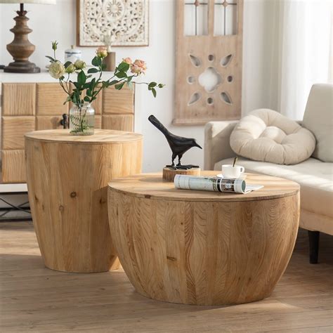 Amazon.com: kevinplus Round Wood Coffee Table End Table Side Table Set ...