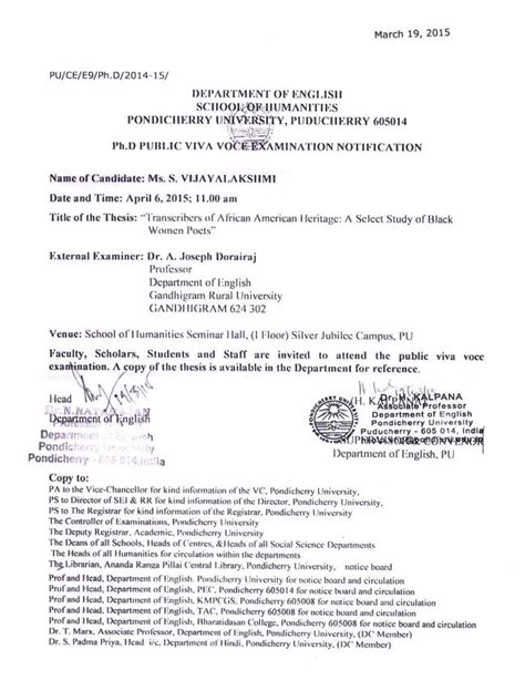 Ph.D Public Viva Notification of Ms.S.Vijayalakshmi on 06.04.2015 ...