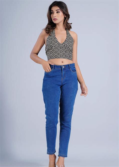 Pretty Black Printed Halter Neck Tops for Women Online