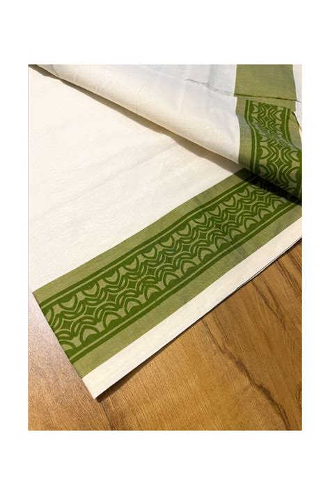 Kerala Cotton Single Set Mundu (Mundum Neriyathum) with Green Block pr ...