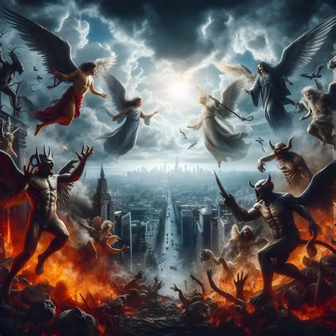 Premium Photo | AI of an epic battle between good and evil as angels ...