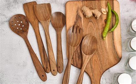 Buy OGGN Acacia Natural Wood Chopping Board with Spoon Spatulas Set of ...