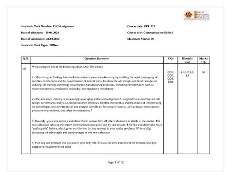 CA3 PEL121 Assignment final - Academic Task Number: CA3-Assignment ...