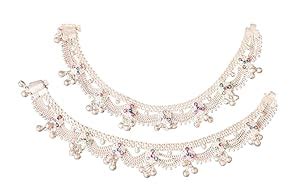 Indian Traditional White Metal Ethnic Anklets with Silver Plated (Gota ...