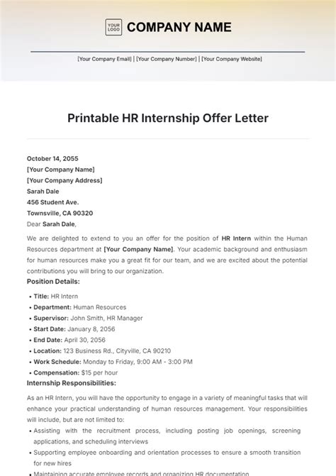 Free Printable HR Internship Offer Letter Template to Edit Online