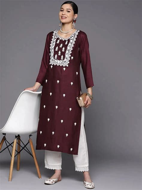 Buy Burgundy Yoke Design Wool Straight Kurta Online at Rs.609 | Libas