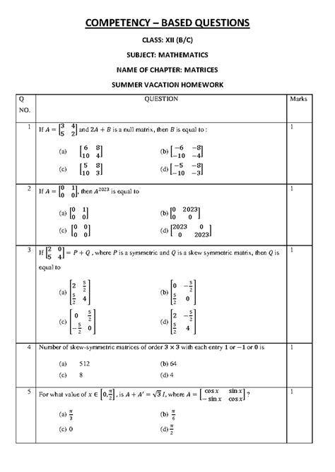 Matrices competency based questions - COMPETENCY – BASED QUESTIONS ...