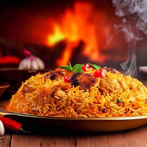 A plate of food with a chicken and rice or biryani with fire on ...