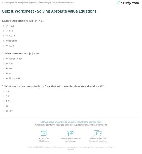 Quiz & Worksheet - Solving Absolute Value Equations | Study.com