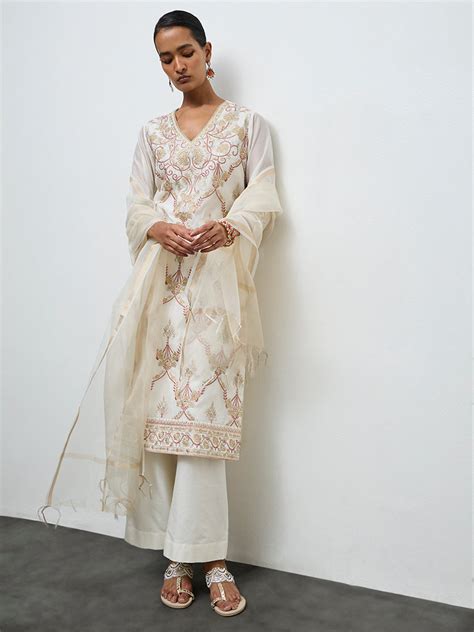 Buy Vark Ivory Floral Embroidered Cotton-Blend A-Line Ethnic Set from ...
