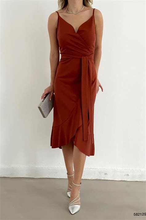 Terracotta Ruffled Midi Dress with Belt - Deafox | ElbiseBul