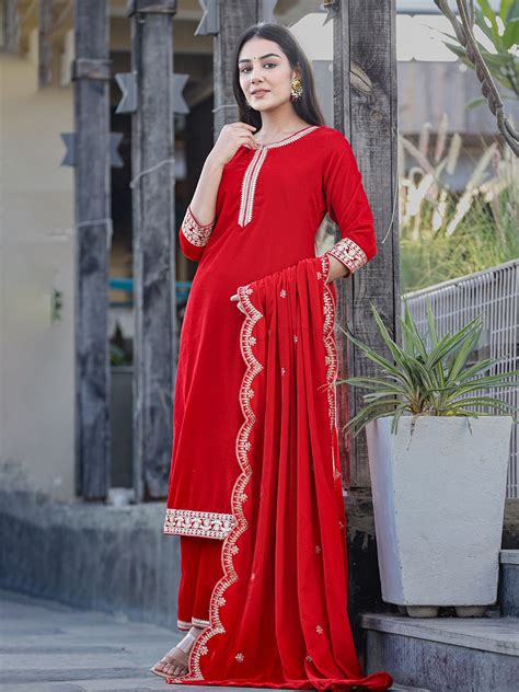 Red Zari Work Velvet Straight Kurta Palazzo Dupatta Set – Yufta Store
