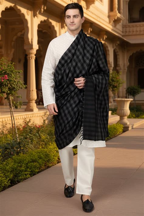 Black and gray Mens Pashmina shawl checked design – Kepra