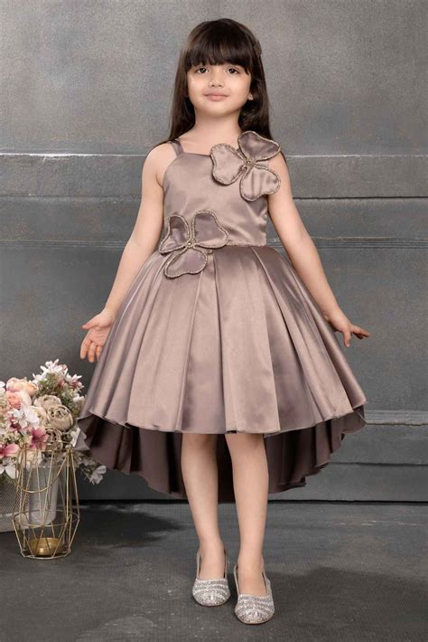 Brown Satin High And Low Frock With Stone Work For Girl – Lagorii Kids