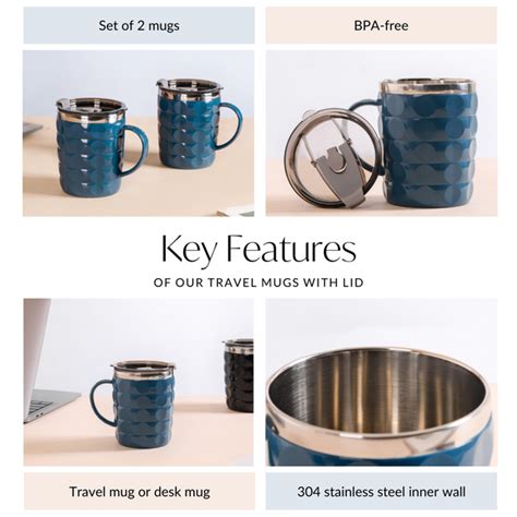 Blue Mug With Lid - Travel Mug With Lid Set of 2 | Nestasia