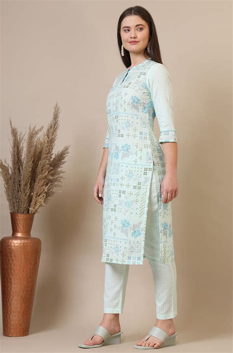 Buy Light Blue Geometric Printed Cotton Blend Straight Kurta and Pants ...