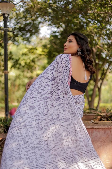 White warli (animal) Block Print Pure Cotton Saree – Jaipur Tex