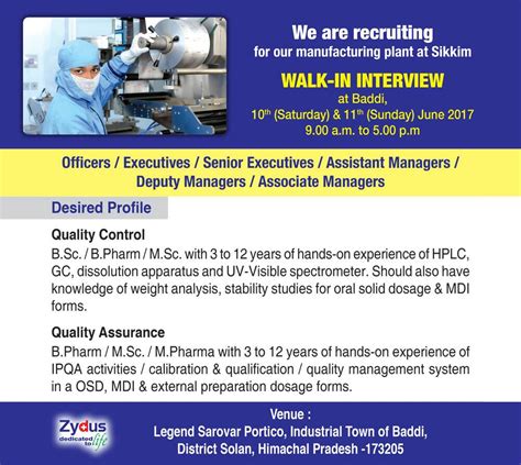 Walk in for Zydus in Baddi on 10th & 11th June