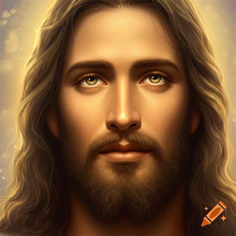 Close-up portrait of Jesus with long hair and beard, illuminated by a ...