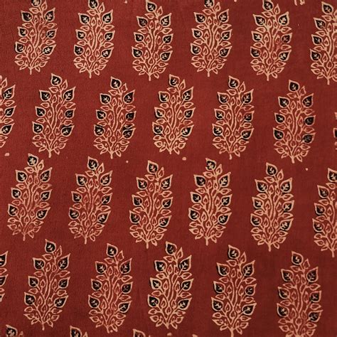 Pure Cotton Ajrak Rust Red With Cream And Black Flowers Motif Hand Blo ...