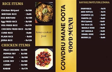 Menu at Gowdru mane oota, Mysuru