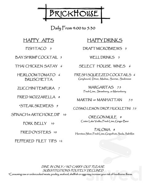 Brickhouse menus in Bend, Oregon, United States