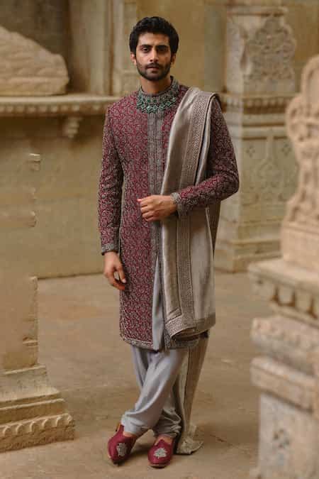 Buy Burgundy Tissue, Silk, Modal, Satin Embroidery, Beads, Tonal ...