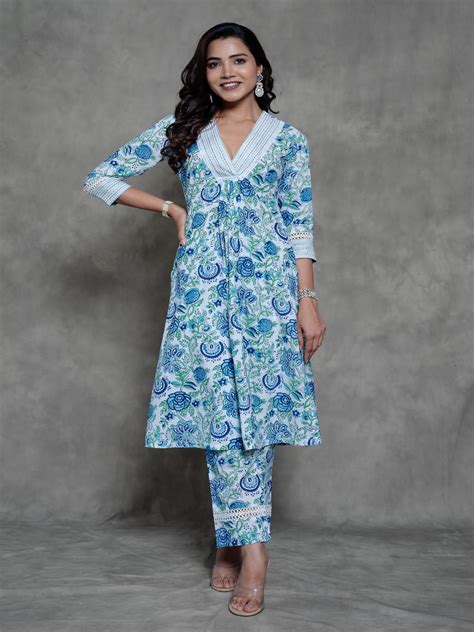 White Handblock Printed Cotton Kurta Set – Suti Rang