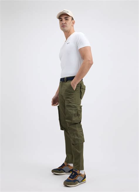 Men Green Mid Rise Stretch Cargos | Pepe Jeans India
