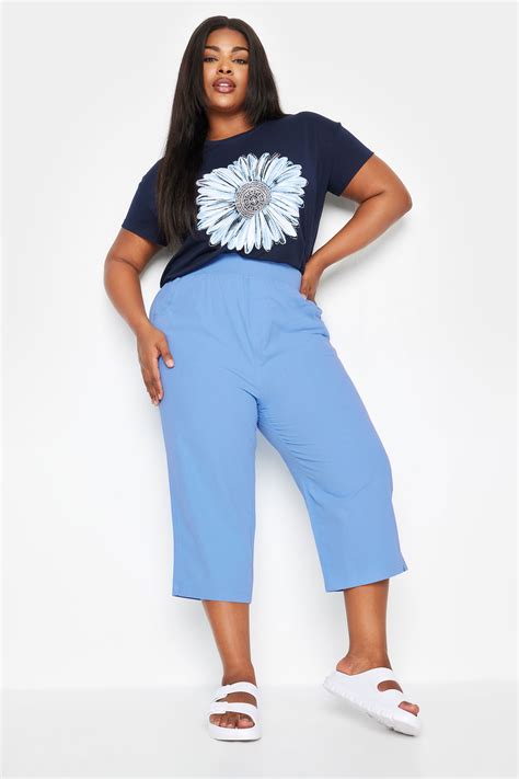 YOURS Plus Size Light Blue Elasticated Cool Cotton Cropped Trousers ...