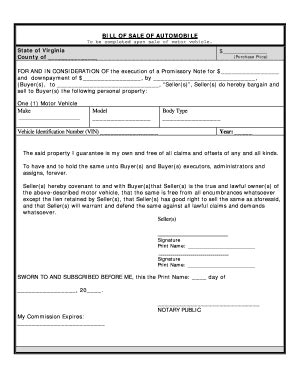 Virginia Motor Vehicle Bill Of Sale Form Templates - Fillable ...