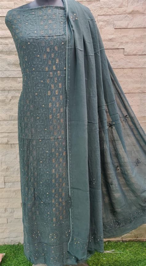 Pure Viscose Georgette Chikankari Hand Embroidery And Mukesh Work Unst ...