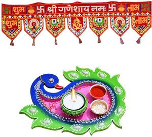 Saugat Traders Peacock Design Wooden Pooja Thali with Shubh Labh Door ...