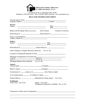 Fillable Online Realtor Information Sheet - bmcleodtitlebbcomb Fax ...