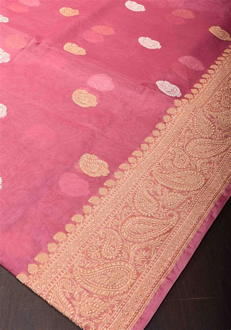 Rosy Pink Pure Banarasi Kora Silk Saree with Sona Rupa Paisley Motifs ...