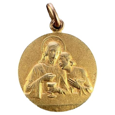 French 18K Yellow Gold Jesus Christ Crown of Thorns Medal Charm Pendant ...