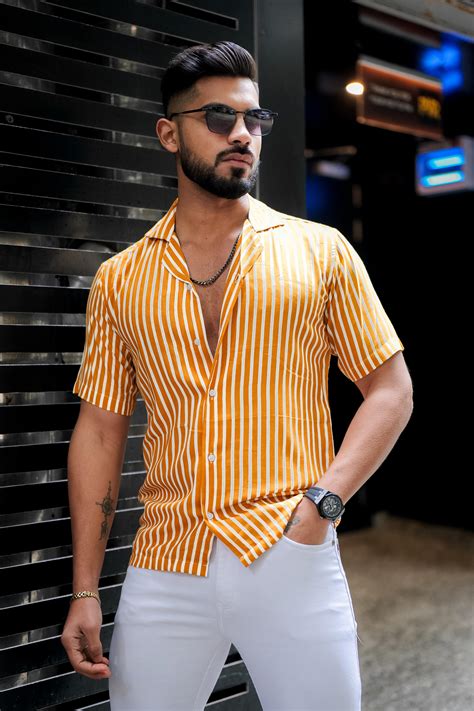 Yellow Striped Print Super Soft Premium Cuban Collar Half Sleeve Shirt ...