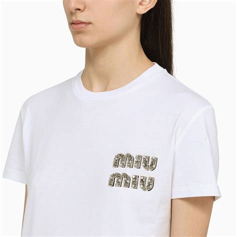 Miu Miu White T-shirt with rhinestone logo | TheDoubleF