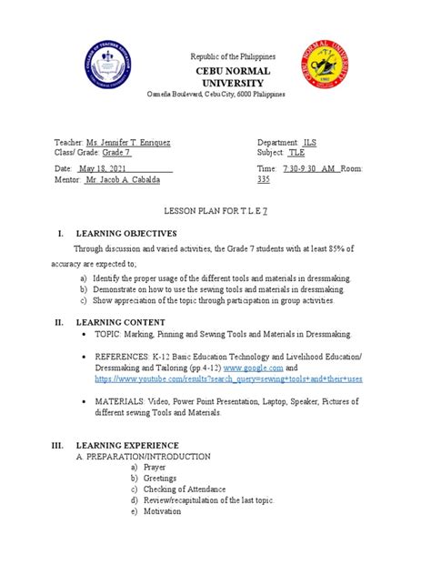 Image result for Sample Lesson Plan Dressmaking