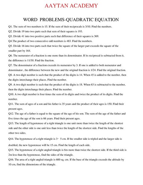WORD Problems-Quadratic Equation - WORD PROBLEMS-QUADRATIC EQUATION Q1 ...